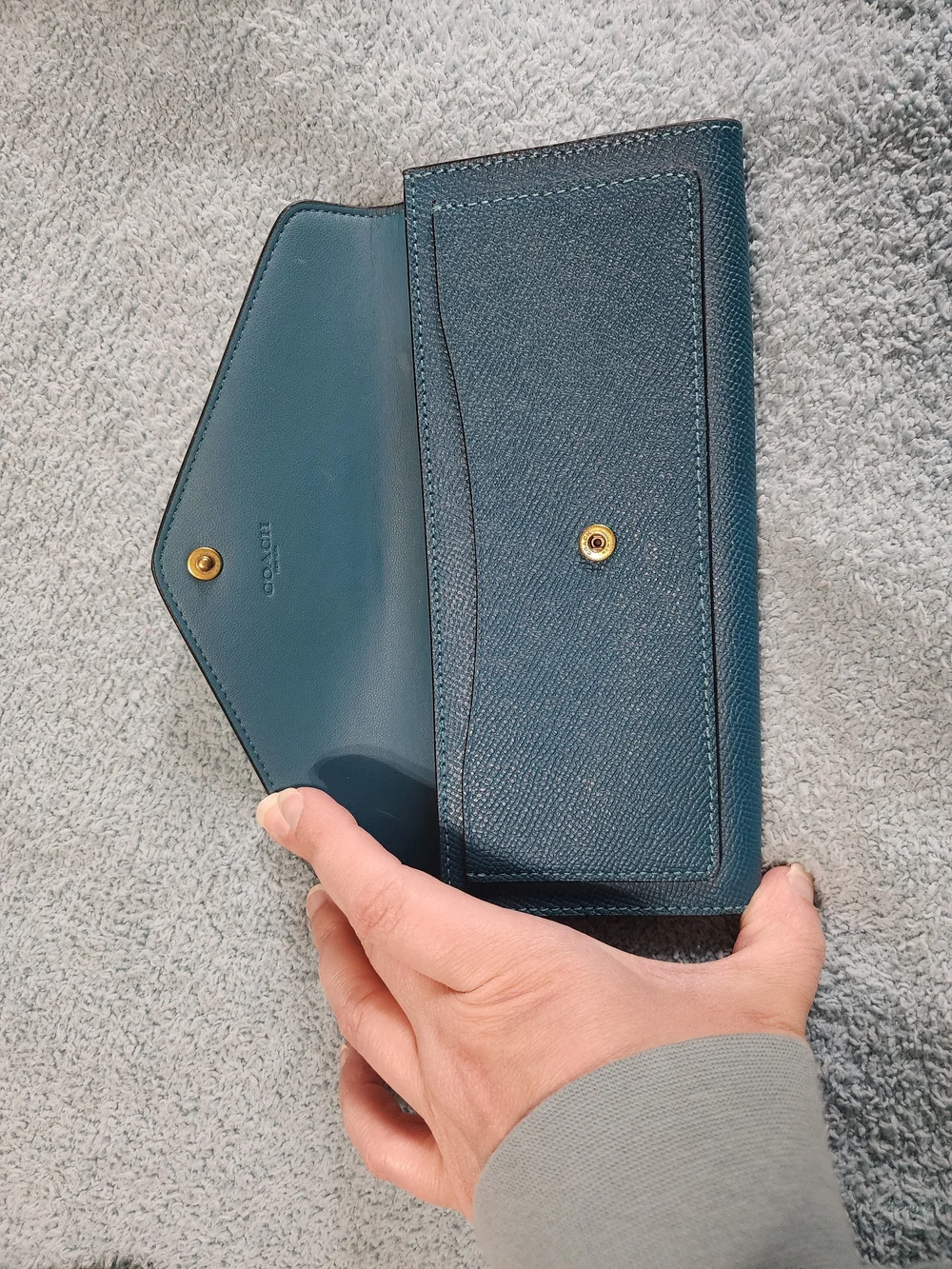 Coach Teal Blue Textured Leather Wallet with Gold Accent